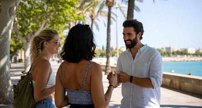 Spanisch-Bildungsurlaub am Meer in Valencia mit LISA! Sprachreisen Teilnehmer im Gespräch an der Strandpromenade während eines Spanisch-Bildungsurlaubs in Valencia, Spanien